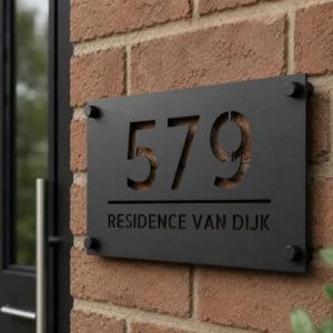 Gepersonaliseerd RVS naambordje voordeur met zwarte poedercoating