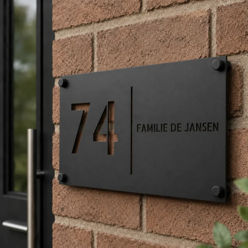 Gepersonaliseerd RVS naambordje voordeur met zwarte poedercoating