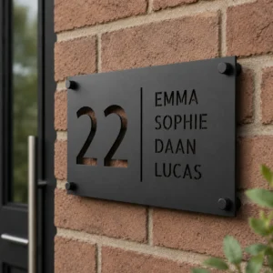 Gepersonaliseerd RVS naambordje voordeur met zwarte poedercoating