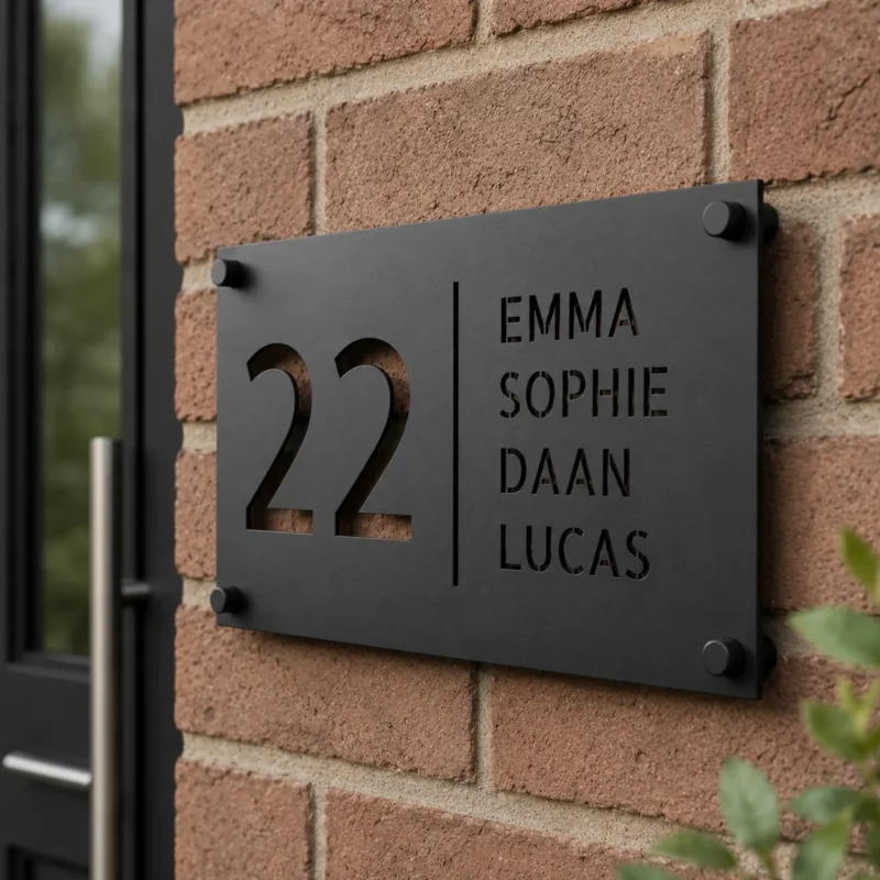 Gepersonaliseerd RVS naambordje voordeur met zwarte poedercoating